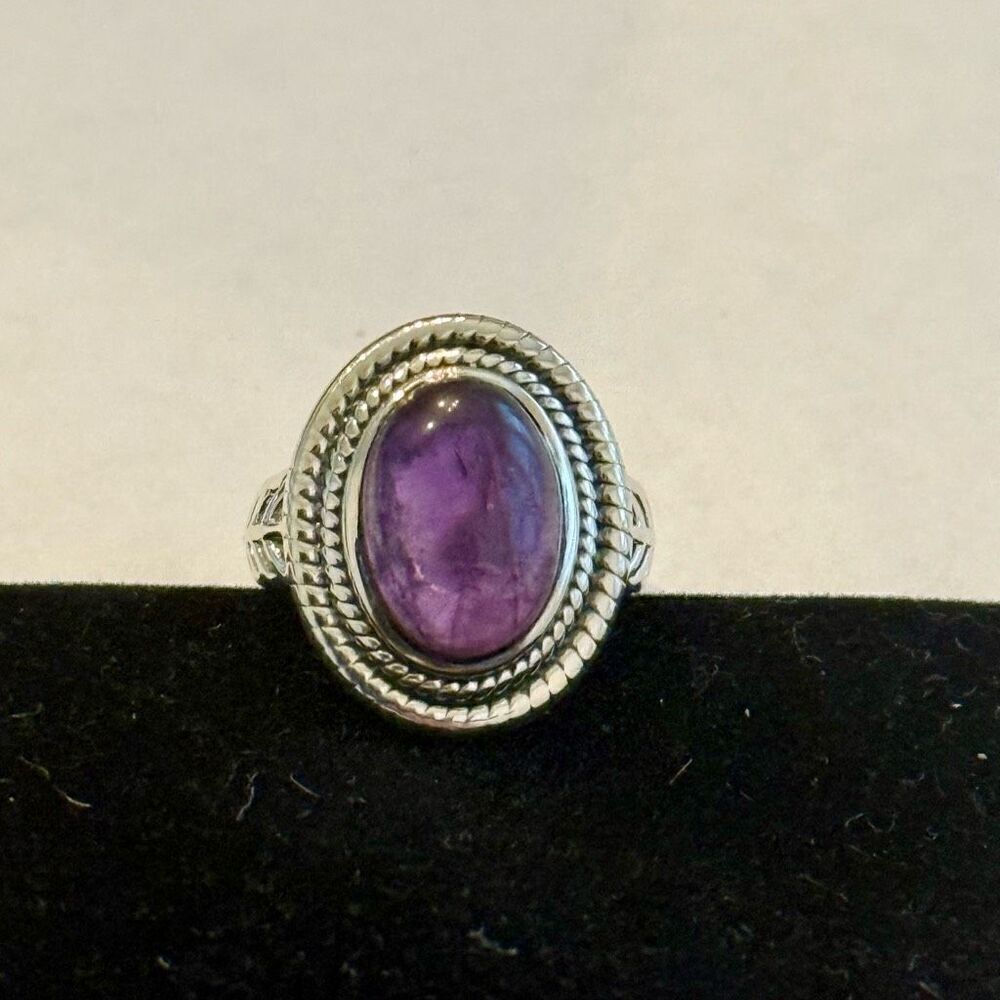 Natural Amethyst Cabochon Solitaire Sterling Silver Ring Oval Cut Bold New